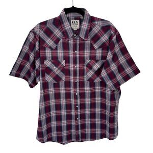 Fly Cattlemen Western Pearl Snap Shirt Men L Red Black Plaid Polyester Blend VTG